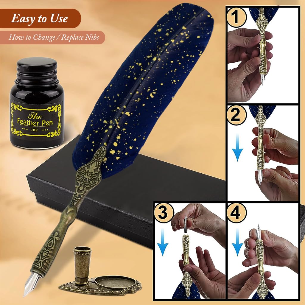 HASTHIP Vintage Carving Feather Pen Set, Glittering Quill Pen Set Antique Calligraphy Writing Dip Pen with Black Ink, 2 Replacement Nibs, Pen Stand Base, Luxury Signature Pen (Blue) HASTHIP Vintage Carving Feather Pen Set, Glittering Quill Pen Set Antique Calligraphy Writing Dip Pen with Black Ink, 2 Replacement Nibs, Pen Stand Base, Luxury Signature Pen (Blue)